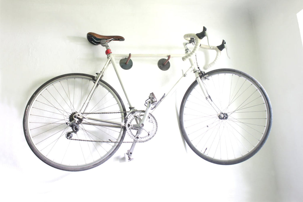 Bike hanger, Bicycle rack brackets, metal + leather