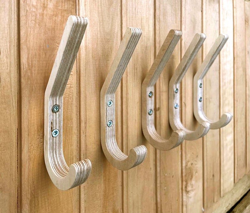 Set of 5 Small Birch Plywood Hooks: Natural Sauna or Nursery Hangers