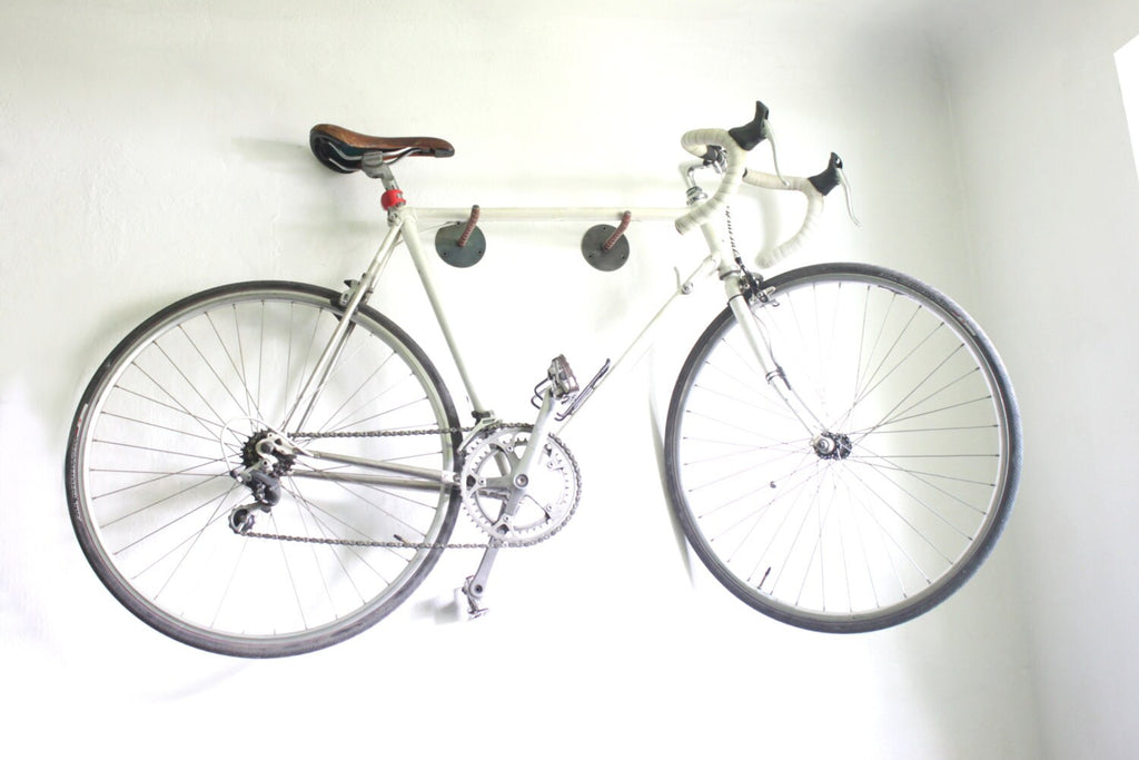 Bike hanger, Bicycle rack brackets, metal + leather