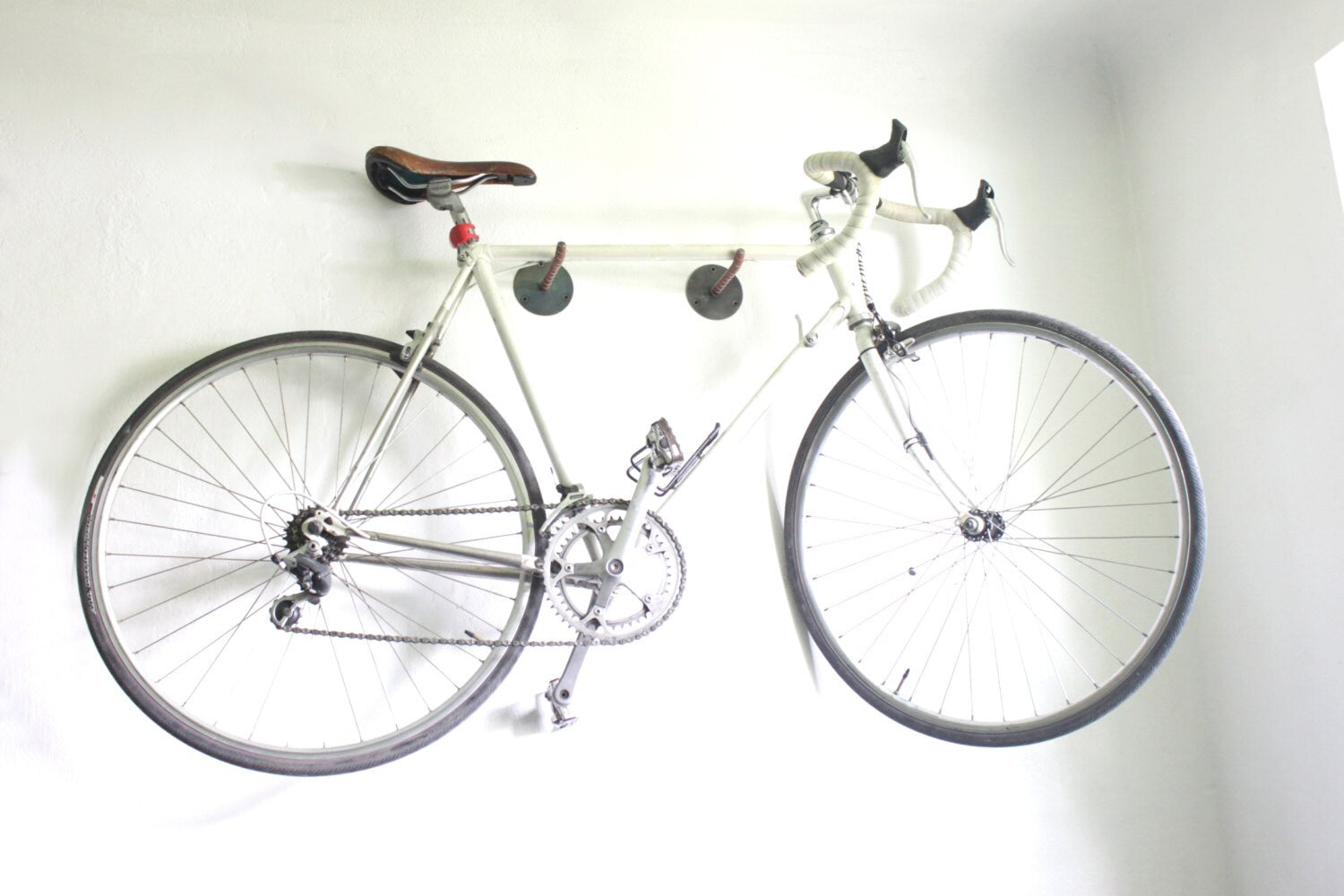 Bike hanger, Bicycle rack brackets, metal + leather