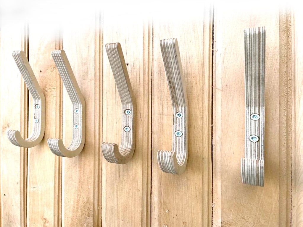 Set of 5 Small Birch Plywood Hooks: Natural Sauna or Nursery Hangers